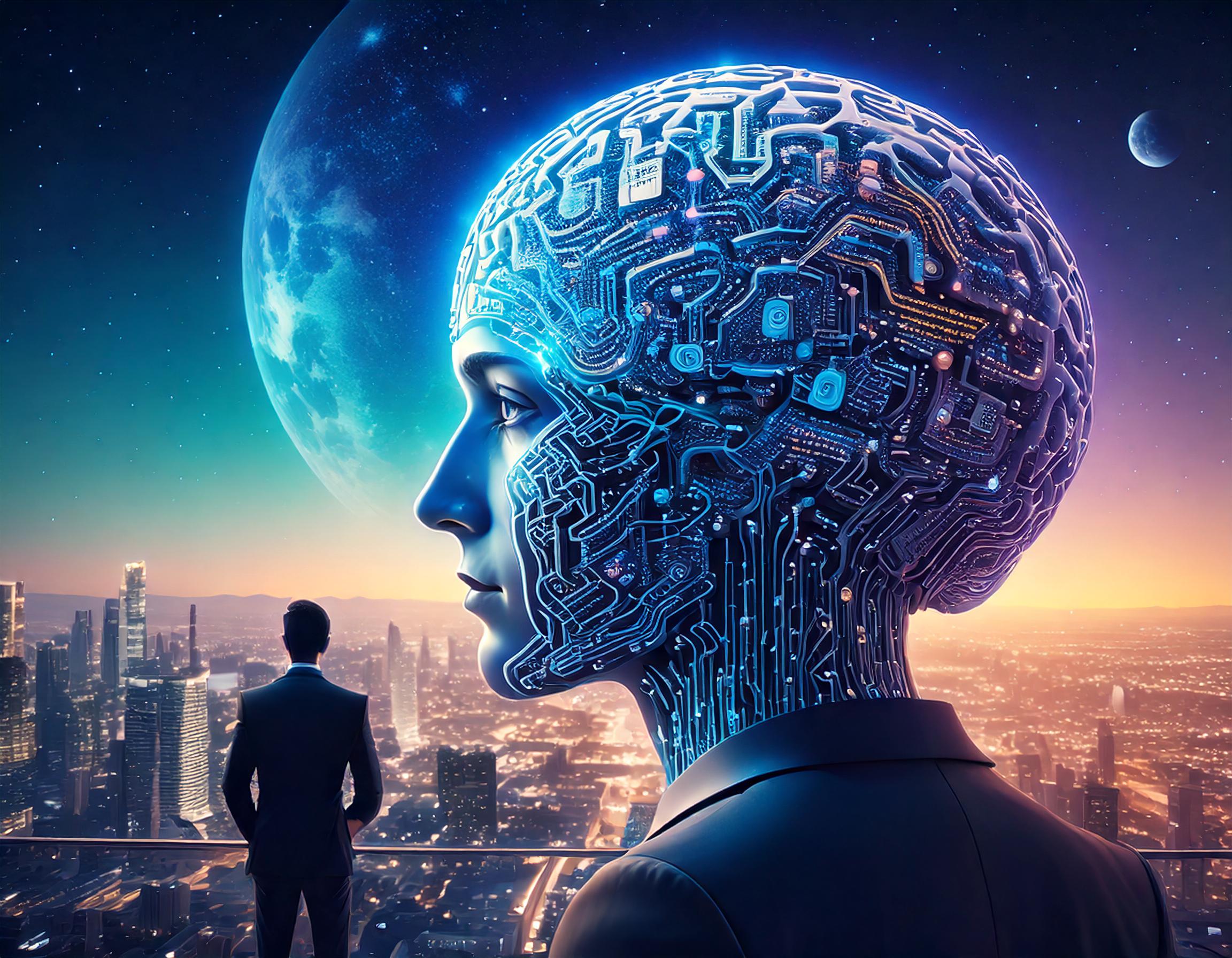 Firefly High tech brain statue made from nanochips, in futuristic high tech town, planets and cosmic(1)