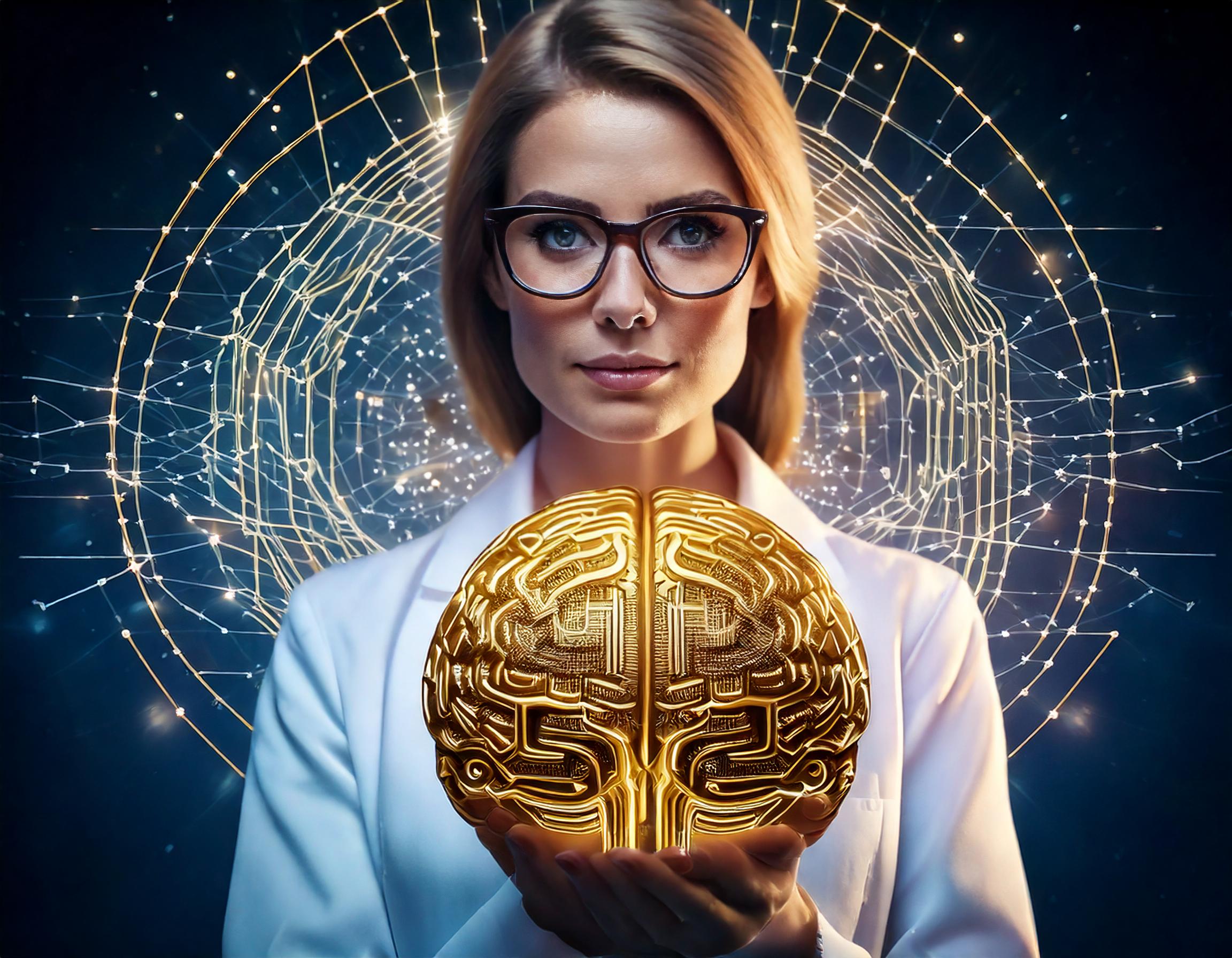 Firefly futuristic luxury golden marble high tech medical nanochip neuroscience brain with elegant f